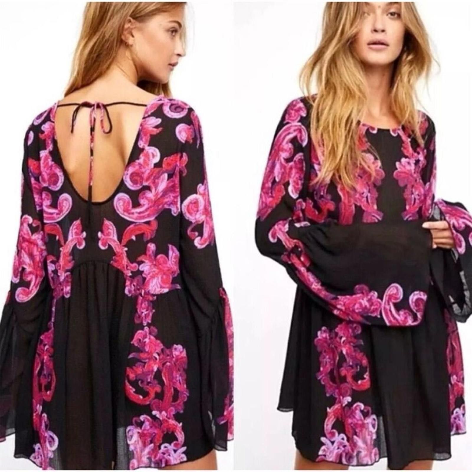 Free People Free People Floral Tunic Dress S Black & Pink Long Sleeve Size S / US 4 / IT 40 - 1 Thumbnail