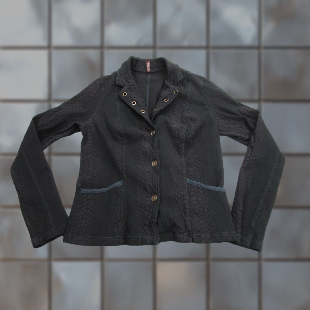 Vintage XCVI Blazer Womens Large Black Textured Grommet Lapel Jacket Notch 4-Button Stretch 72% Rayon 25% Nylon 3% Spandex Modern Size L / US 10 / IT 46 - 1 Thumbnail