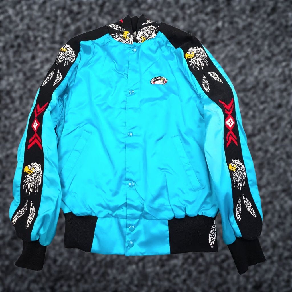 Cherokee WESTARK Satin Jacket Men’s Medium Blue Aztec Cherokee Embroidered Native Eagle Bomber Jacket Size US M / EU 48-50 / 2 - 1 Thumbnail