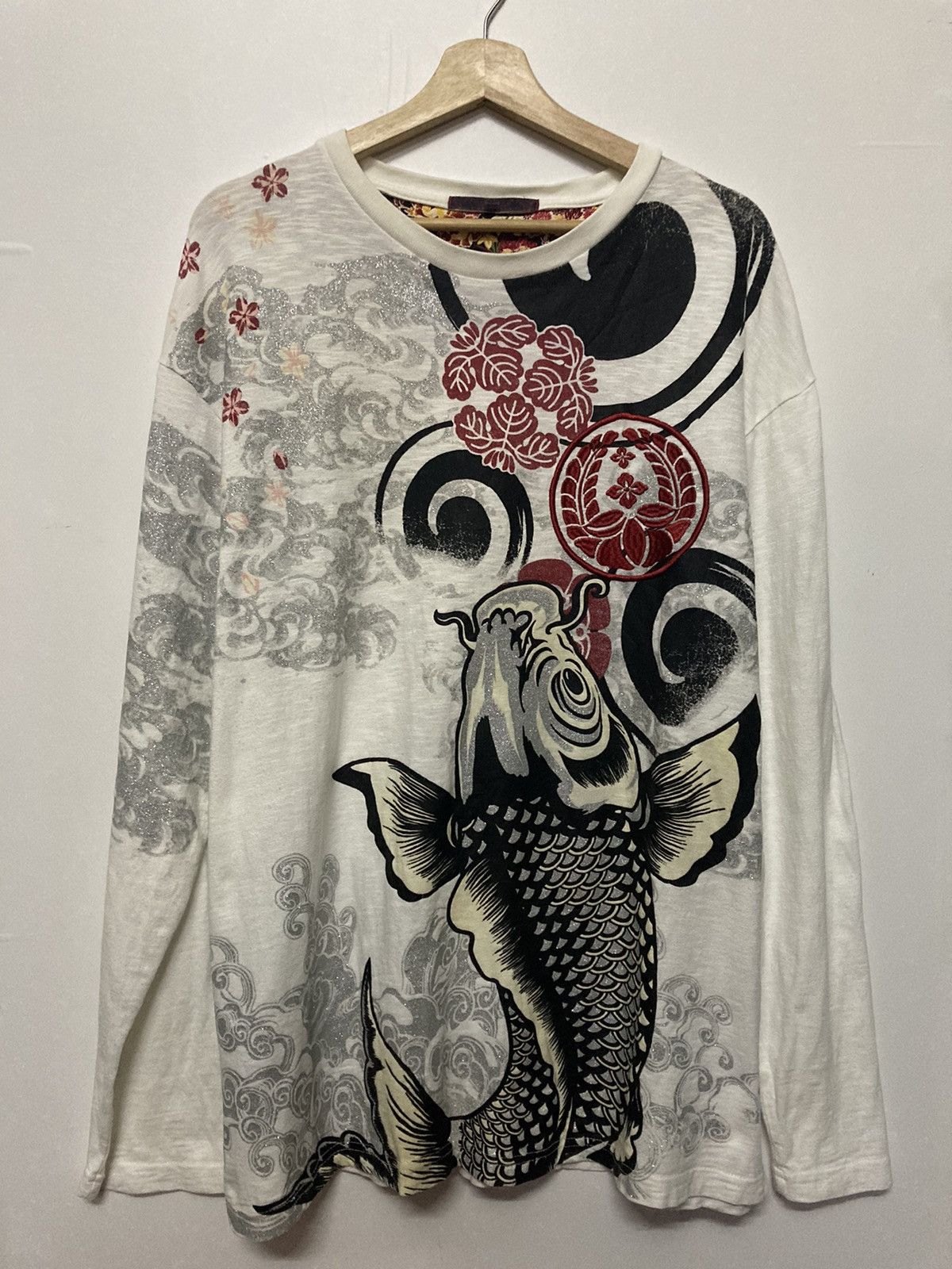 image of Vintage Sukajan Koi Fish Art Long Sleeve T-Shirt in White, Men's (Size 2XL)