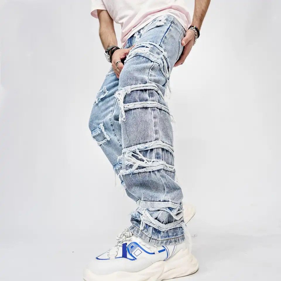 image of Distressed Denim Stacked Spliced Ripped Denim Pant in Blue, Men's (Size 30)