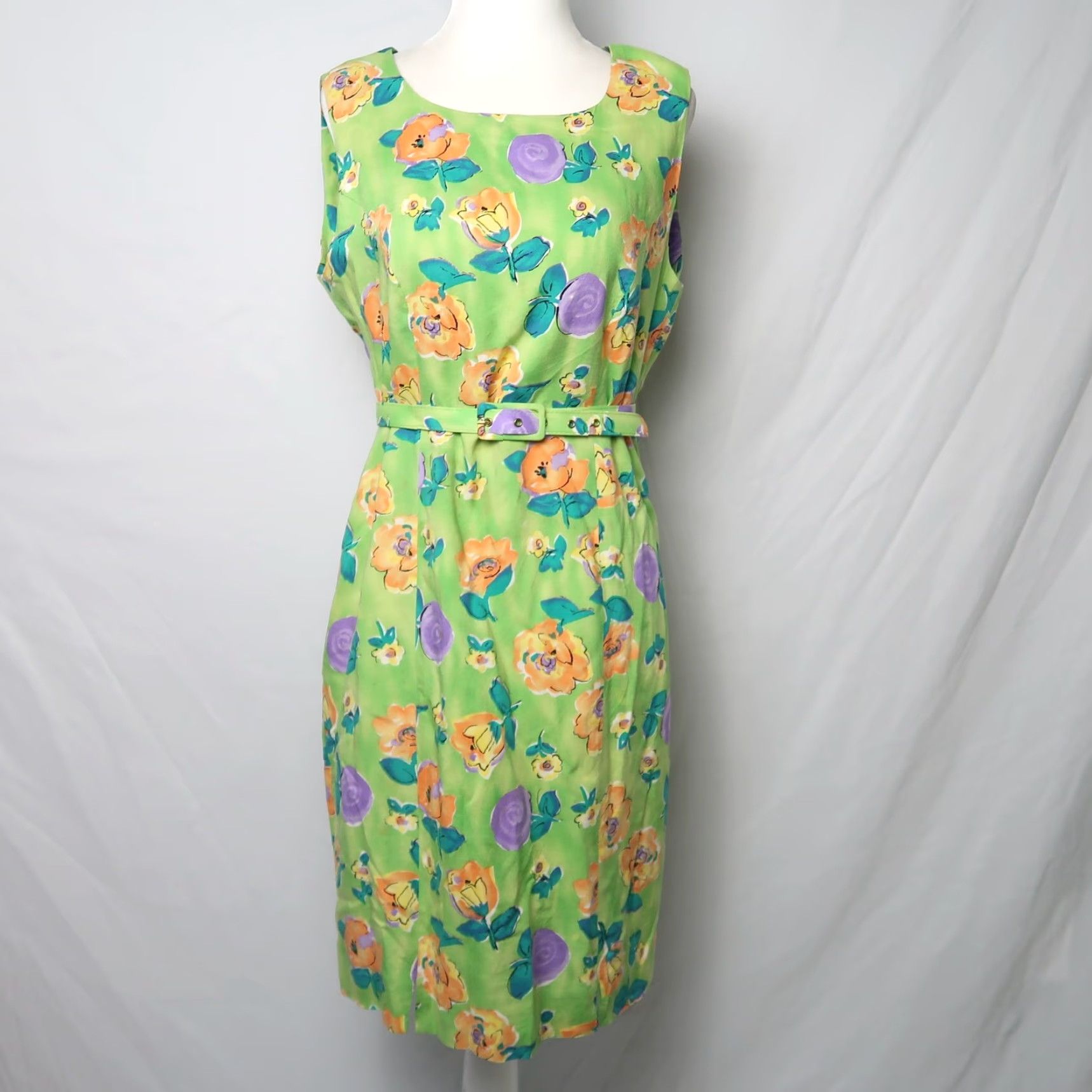 Vintage VINTAGE Karen Klein 90s Light Green Orange Floral Mini Sheath Dress 10 Women? Size L / US 10 / IT 46 - 6 Thumbnail