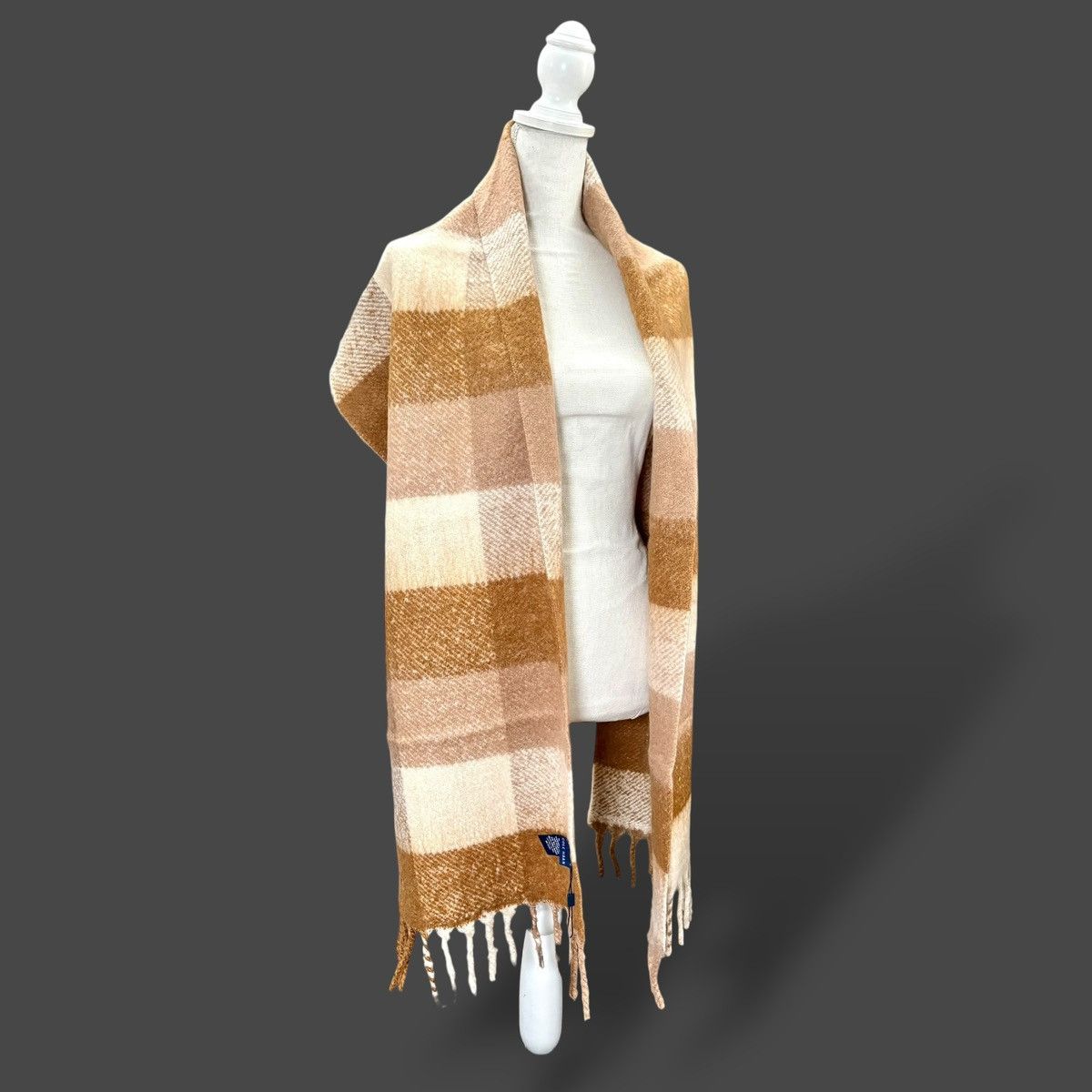 Cole Haan Cole Haan Oxford Tan Checkered Fringe Scarf 10”x70” Size ONE SIZE - 4 Thumbnail