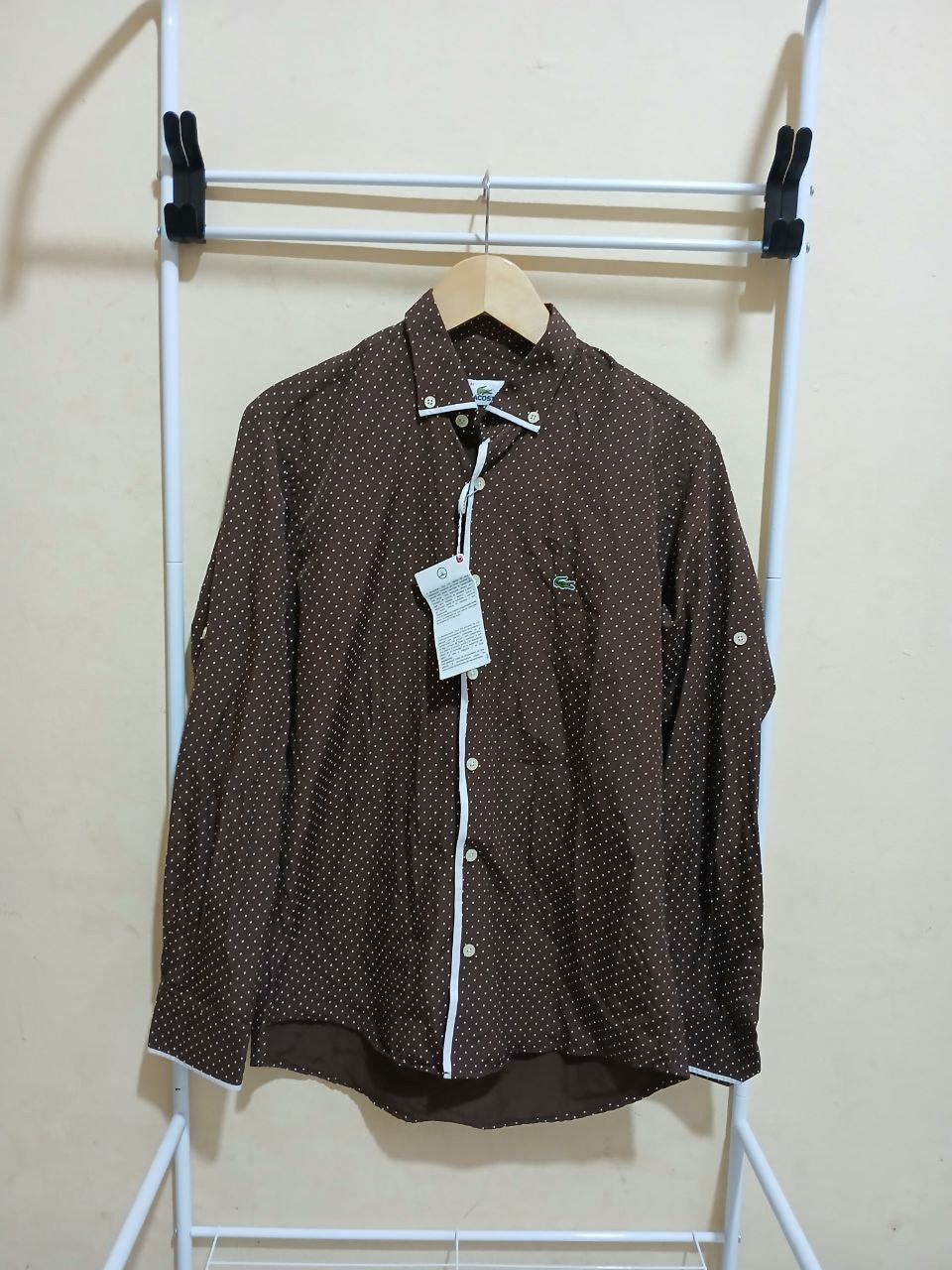 Lacoste Button Down Brown Polka Longsleeve Shirt, image size:960x1280