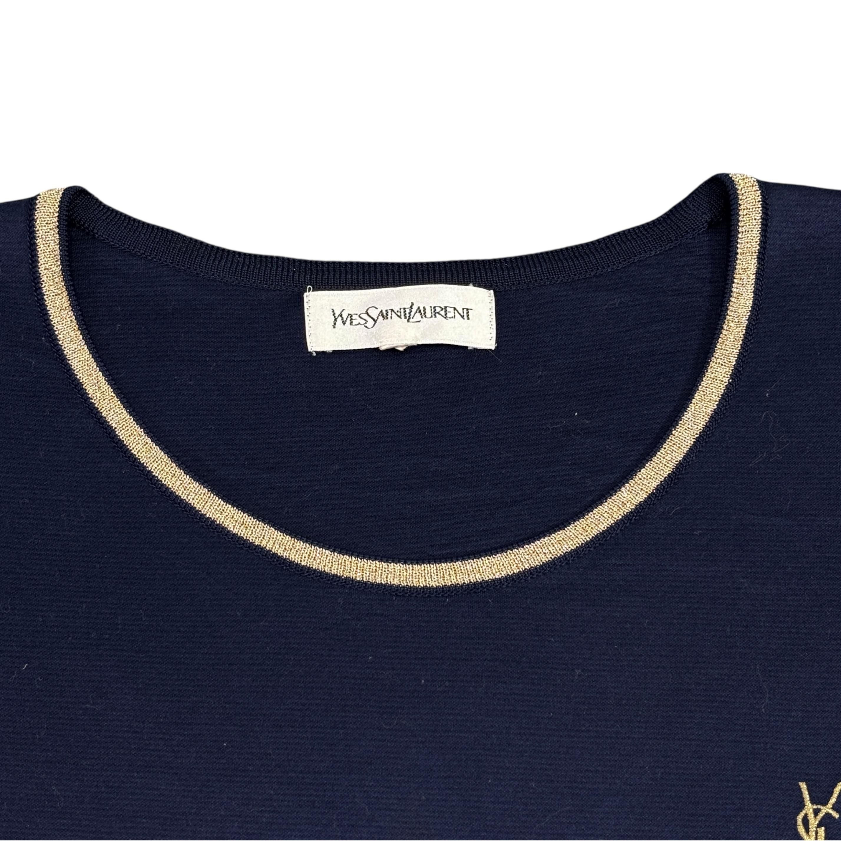 Yves Saint Laurent Y2K Vintage Ysl Navy Gold Tshirt Metallic Logo Designer Tee Size L / US 10 / IT 46 - 3 Thumbnail