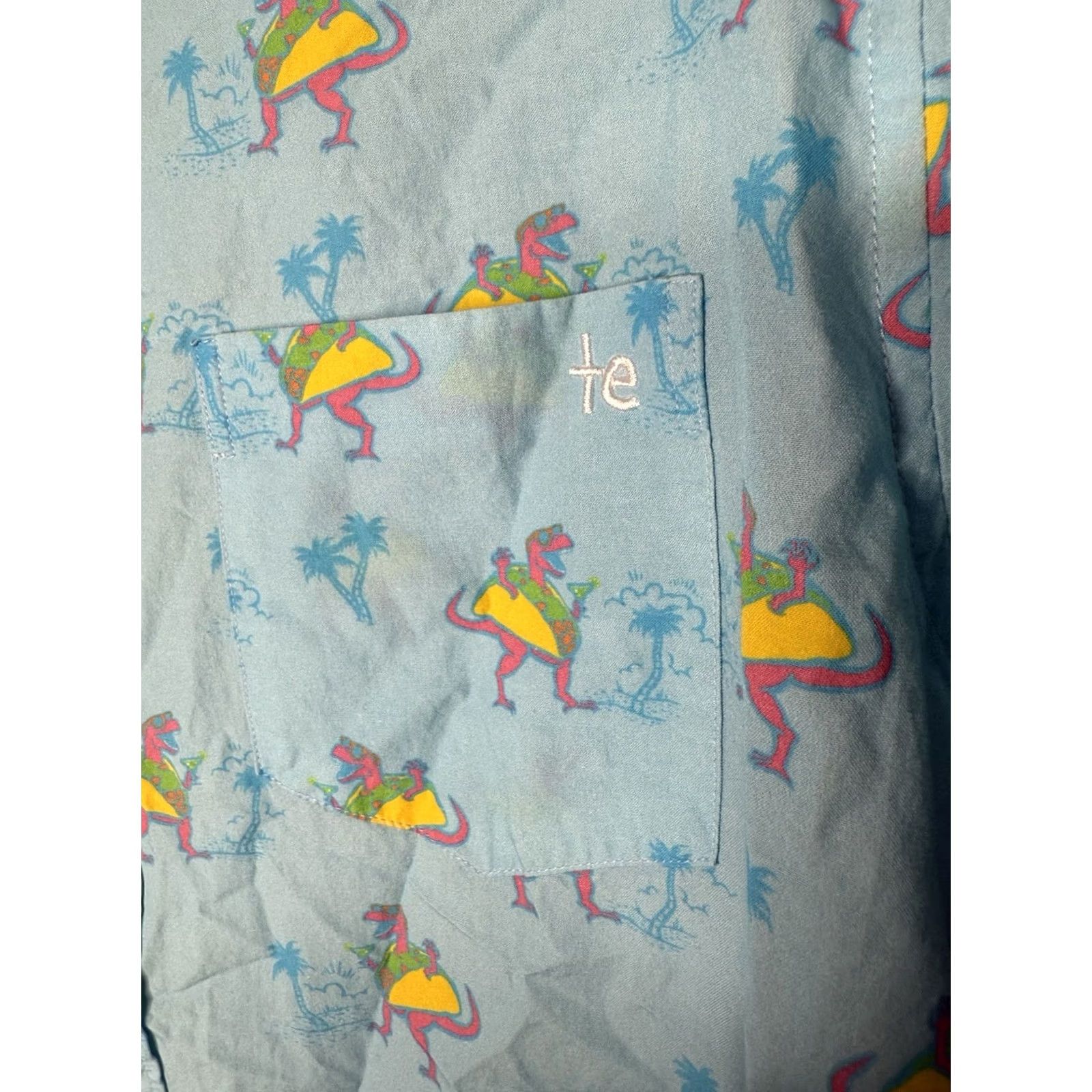 Vintage Tipsy Elves Dinosaur Tacos Mens Medium Blue Short Sleeve Button Down Shirt Size US M / EU 48-50 / 2 - 4 Thumbnail