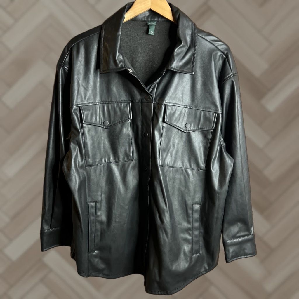 Vintage Wild Fable Faux Leather Black Snap Front Long Sleeve Shacket Jacket L Women 90s Vintage Style Casual Pocket Black Size L / US 10 / IT 46 - 1 Thumbnail