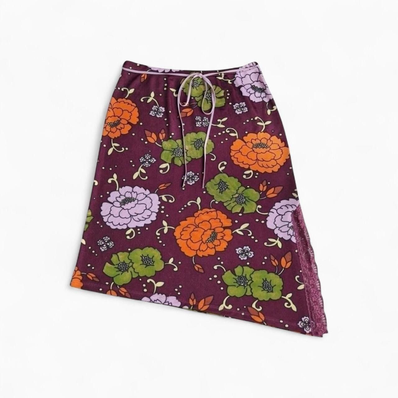 Sisley Floral midi skirt with drawstring, lace, asymmetrical, y2k Size 28" / US 6 / IT 42 - 2 Thumbnail