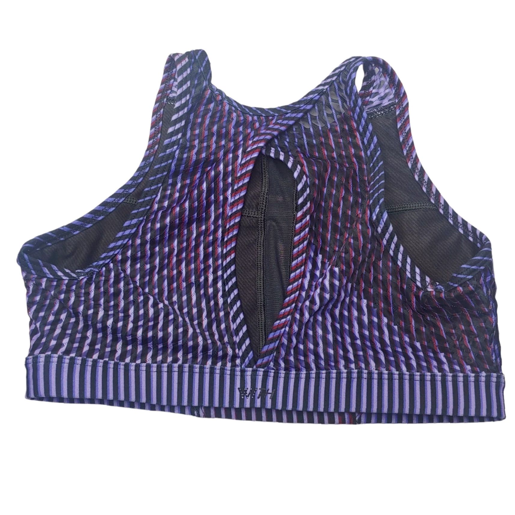 Vintage Peloton Sports Bra Women S Black Purple Stripe High Neck Open Back Workout Cycling Activewear Size ONE SIZE - 2 Thumbnail