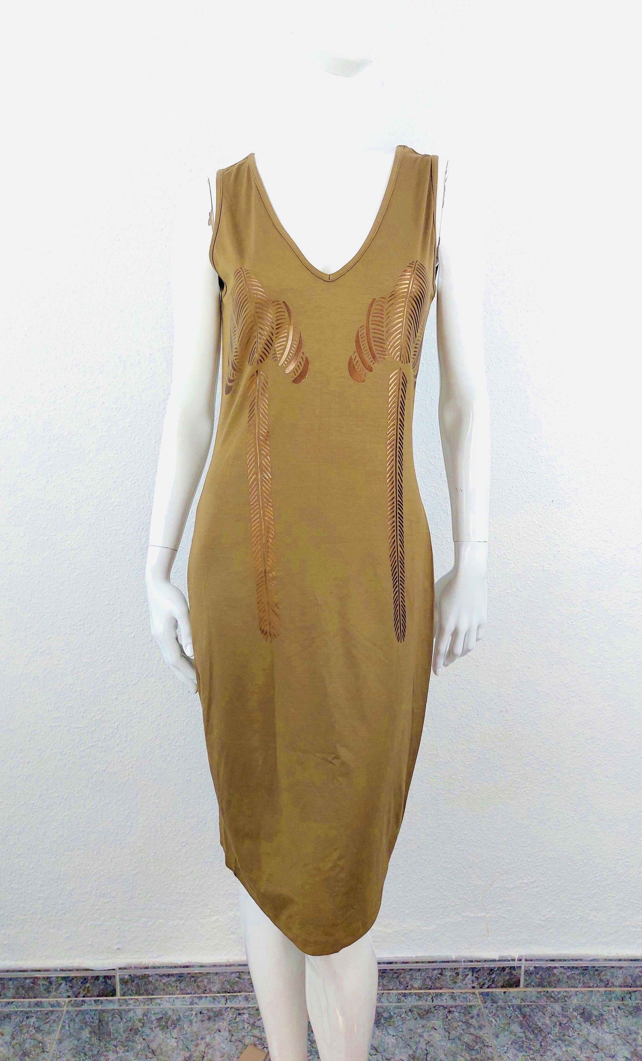 Thierry Mugler Kahki Gold Palm Tree Tropical Midi Dress