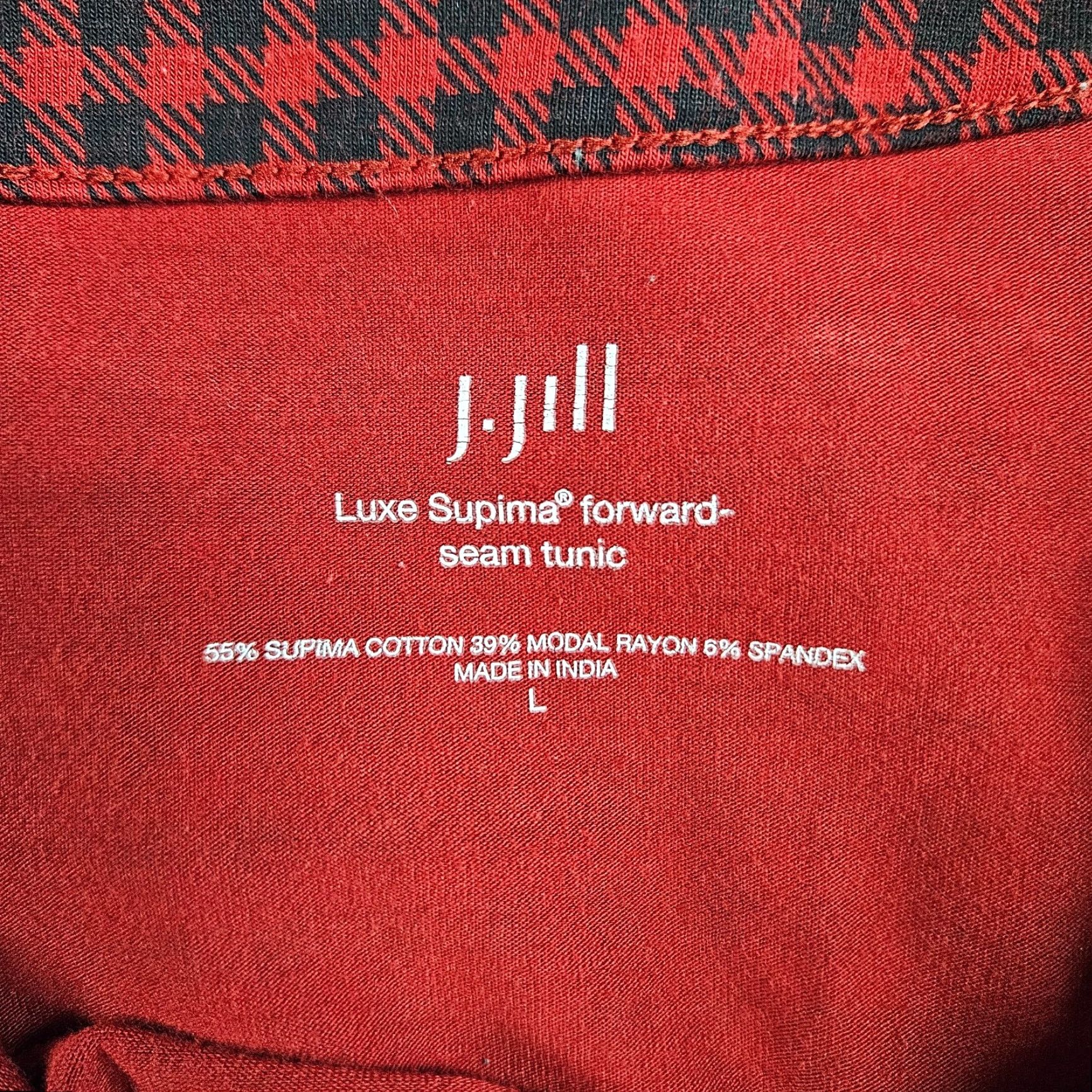 J. Jill J Jill Womens Tunic Blouse Luxe Supima Forward Seam Size Large Red Black Checkered Knit Cotton Blend Long Sleeve Round Neck"} Size L / US 10 / IT 46 - 5 Thumbnail