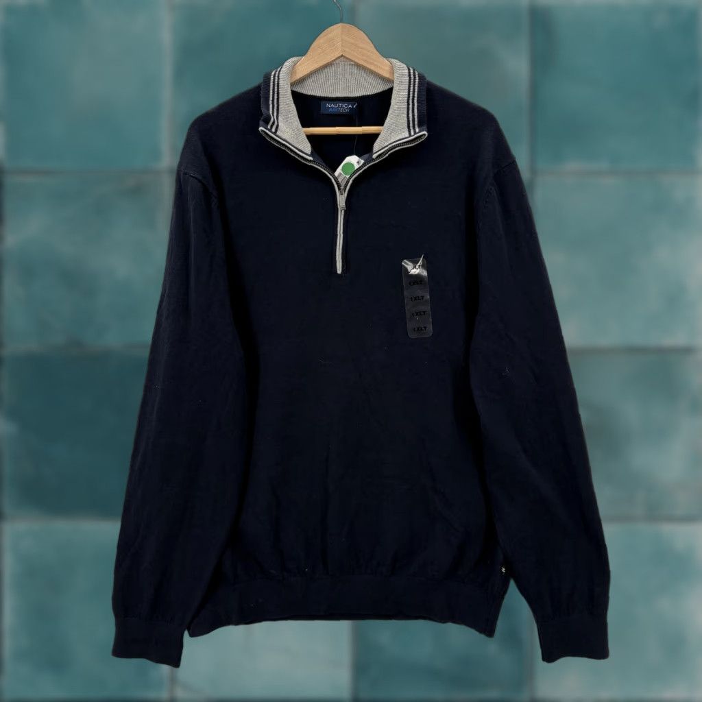 Nautica Nautica Navtech Sweater Mens XLT Navy Blue Cotton Blend 1/4 Zip Mock Neck NWT Size US XL / EU 56 / 4 - 1 Thumbnail