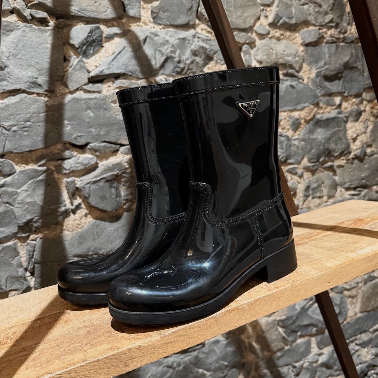 Prada Prada Black Enamel Triangle Mid-Calf Rain Boots Size US 8 / IT 38 - 8 Thumbnail