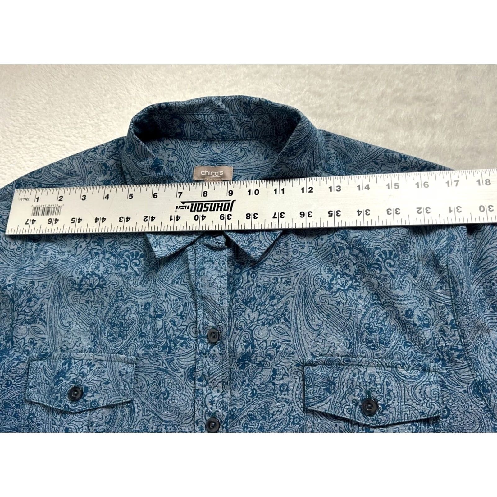 Vintage Chico's Womens Blue Paisley Button-Up Shirt Size 3 Cotton 3/4 Sleeve Casual Top Size XS / US 0-2 / IT 36-38 - 6 Thumbnail