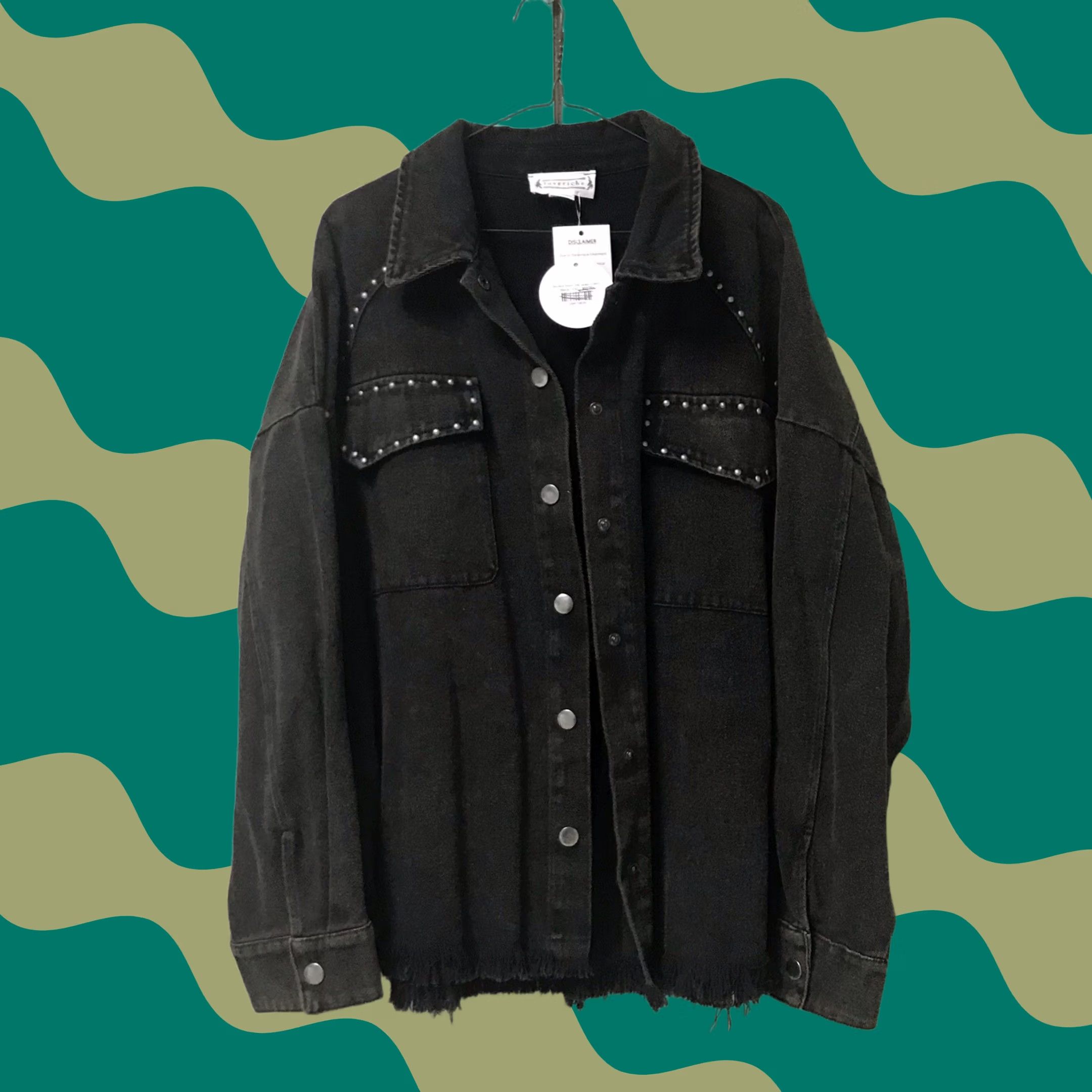 Denime Loveriche Denim Jacket Shacket 1X XL Women Dark Green Acid Wash Studded Frayed Button-Up Oversized Casual Western 90s Size XL / US 12-14 / IT 48-50 - 1 Thumbnail