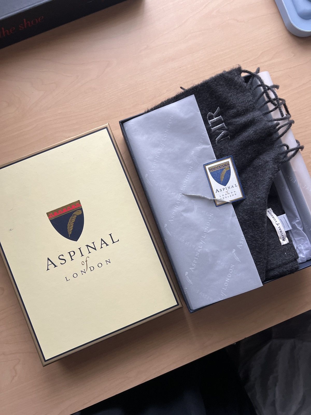 Aspinal of London Dark Grey Cashmere Scarf - “MR” embroidery Size ONE SIZE - 3 Thumbnail