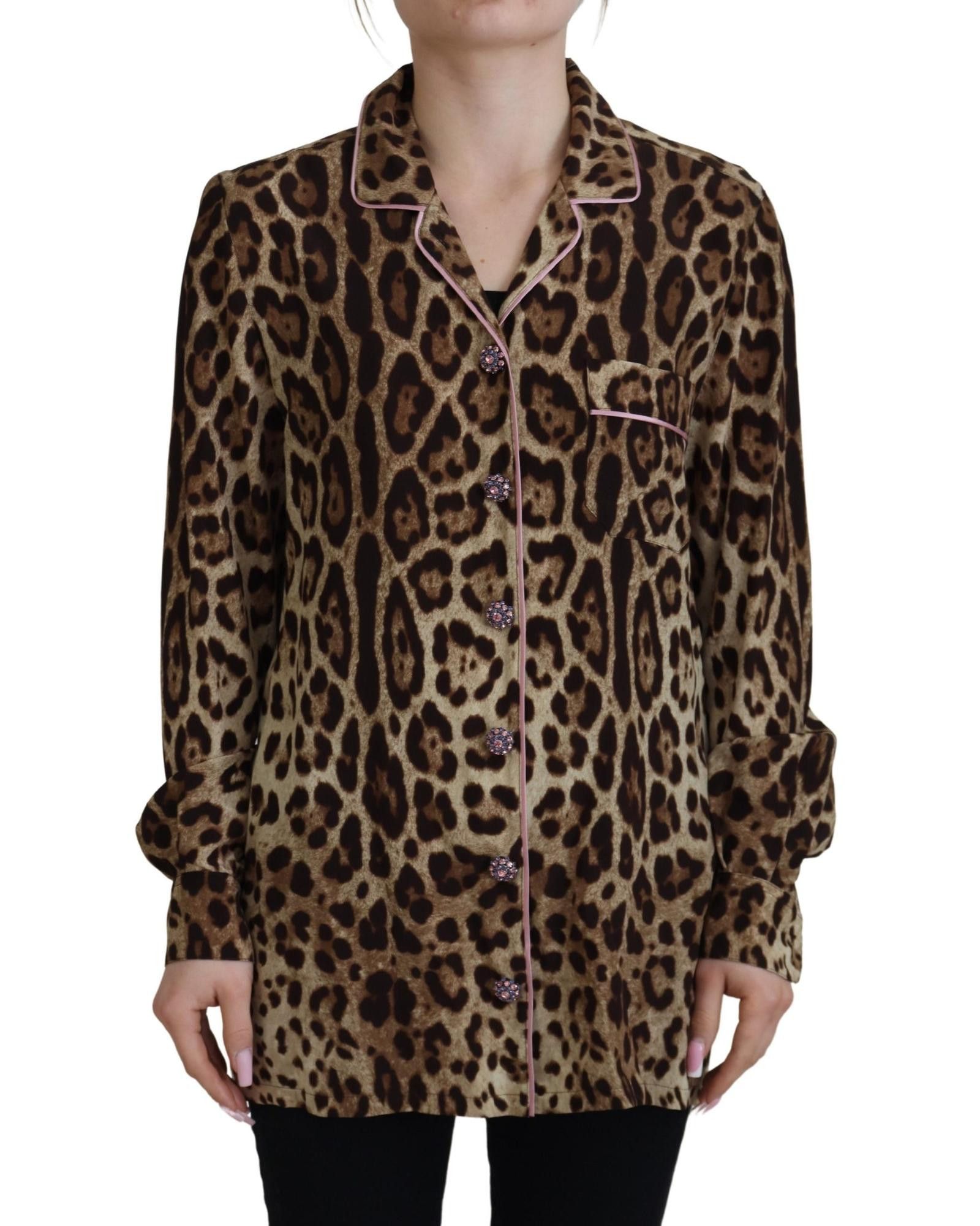 image of Dolce Gabbana Leopard Print Long Sleeves Blouse Top in Brown, Women's (Size XS)