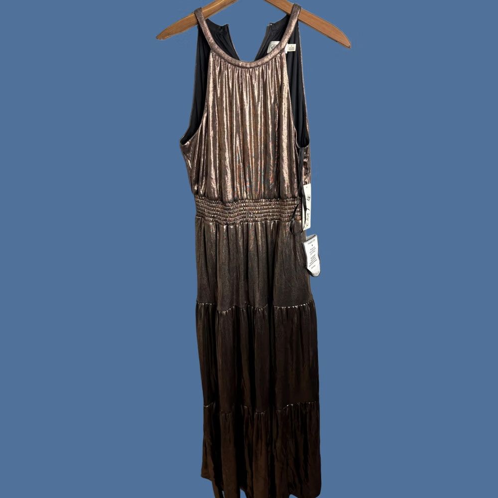 Vintage Eliza J Dress Womens 10 Bronze Metallic Halter Maxi Tiered Evening Gown Size L / US 10 / IT 46 - 1 Thumbnail
