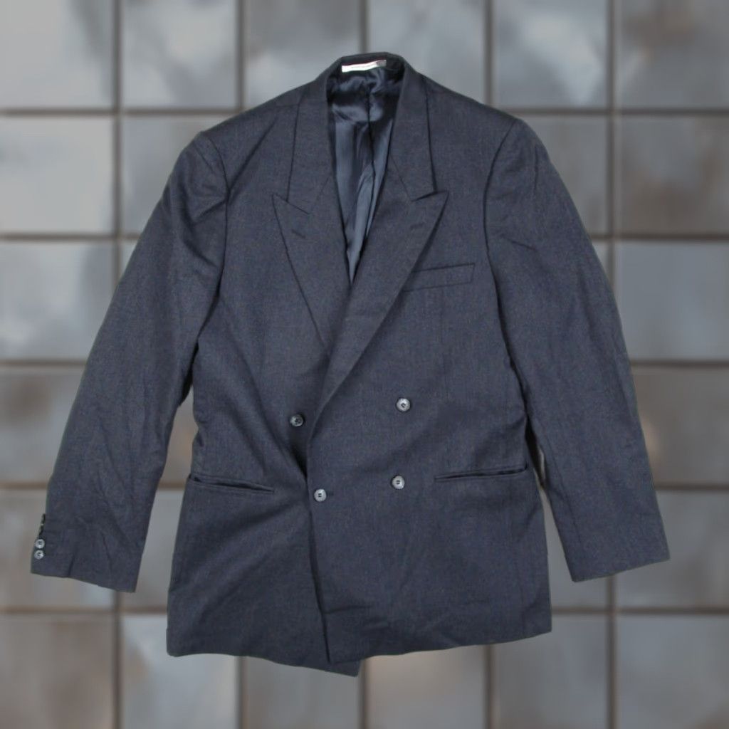 VINTAGE Yves Saint Laurent Blazer Mens 40 Blue Herringbone Double Breasted Wool Retro France
