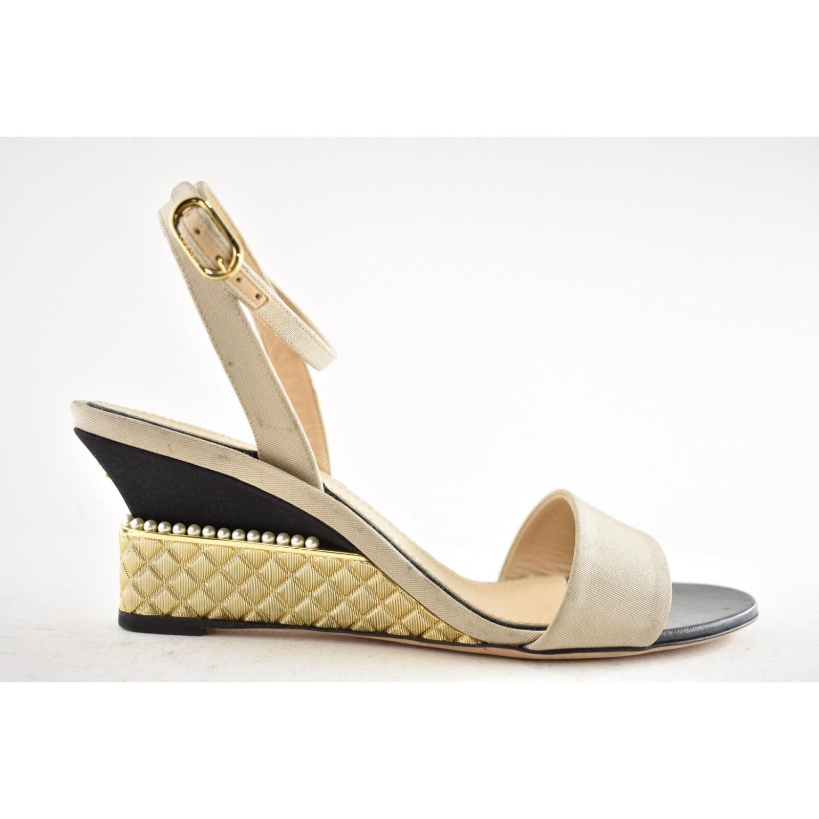 Chanel 17PGrosgrain Pearl CC Ankle Strap Sandals Wedge Heel Pump 37 Size US 7 / IT 37 - 2 Thumbnail