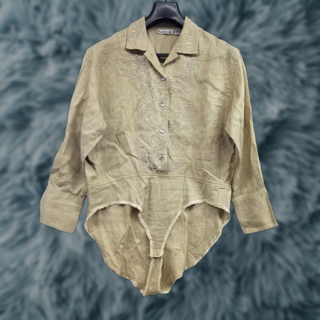 Anne Klein VINTAGE Anne Klein II Beige Linen Bodysuit Blouse Embroidered Hong Kong Size 10 1990s Womens Size L / US 10 / IT 46 - 1 Thumbnail