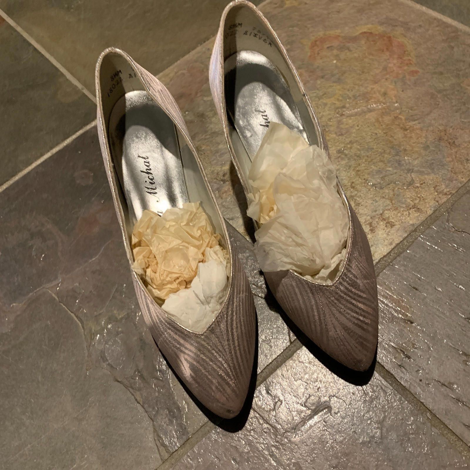 Designer Vintage Womens JULIA MICHAL Pink/Silver Satin Heels (G103) Size US 8.5 / IT 38.5 - 1 Thumbnail