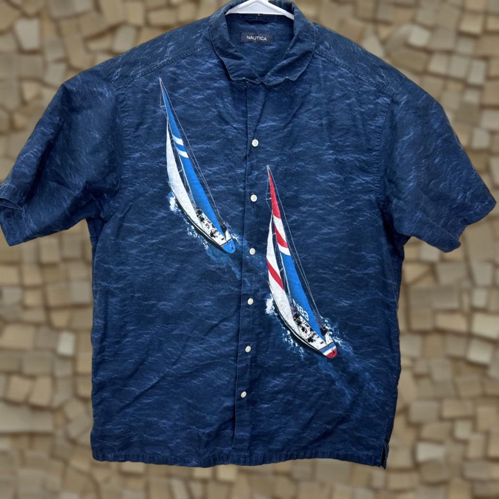 Nautica VINTAGE Nautica Shirt Mens Large Blue Button-Up Short Sleeve Sailboat Hong Kong 90s Beach Nautical Shirt Mens L Blue 90s Nautical Beach Mens Shirt Size US L / EU 52-54 / 3 - 1 Thumbnail