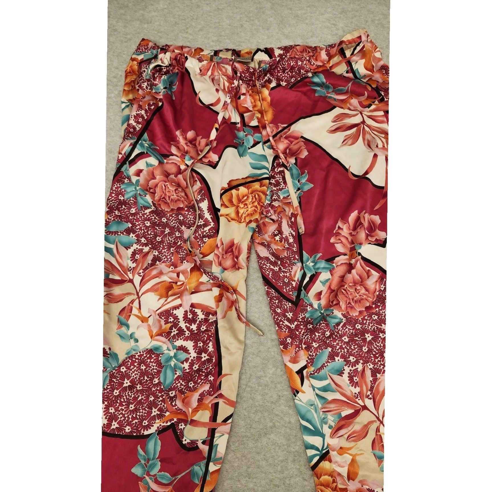 Vintage Natori Pajama Pants Womens Large Burgundy Floral Satin Drawstring Lounge Capri Size 36" / US 14 / IT 50 - 4 Thumbnail