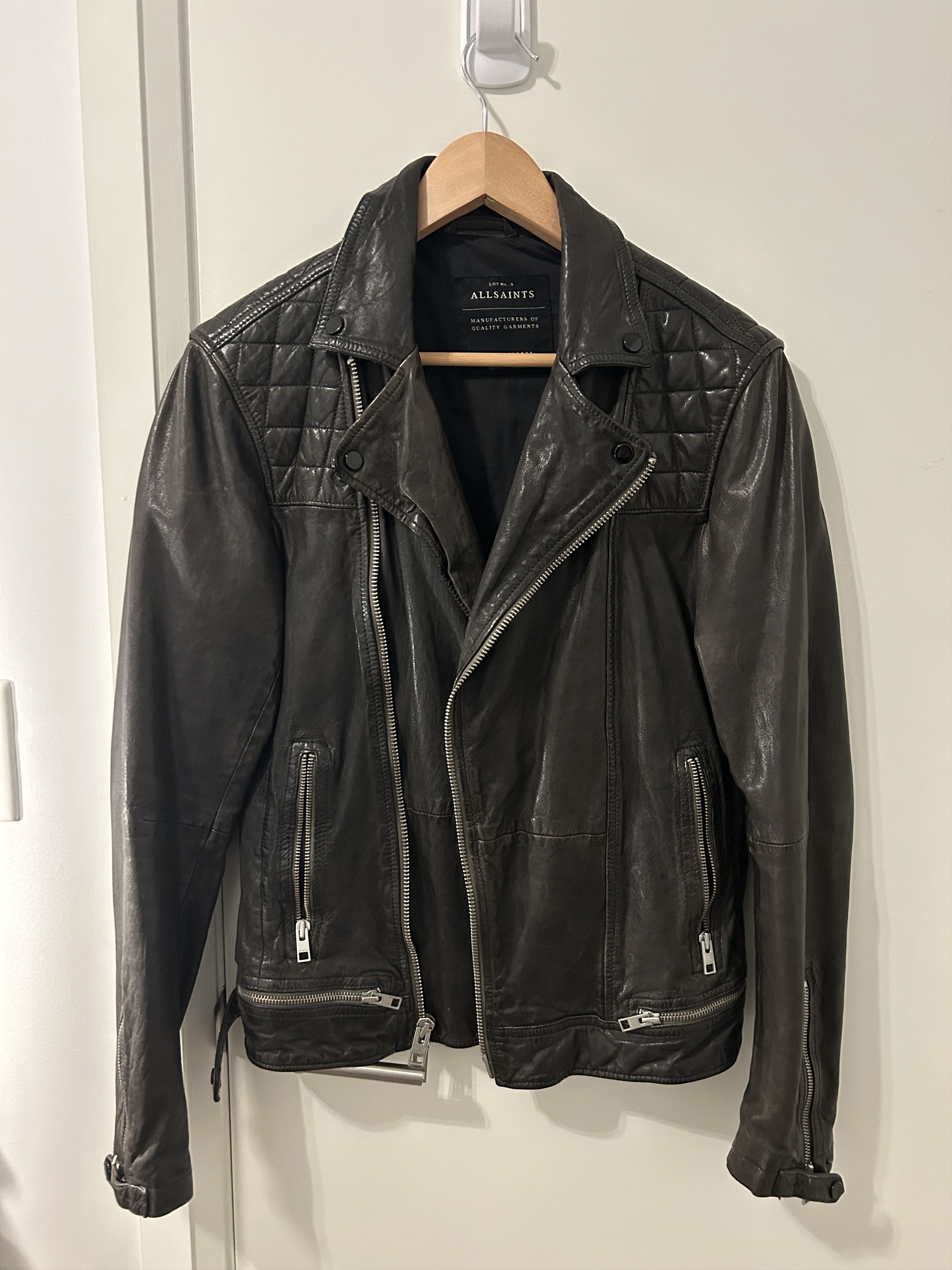 ALLSAINTS Quilted Leather Jacket in Distressed Grey/Black