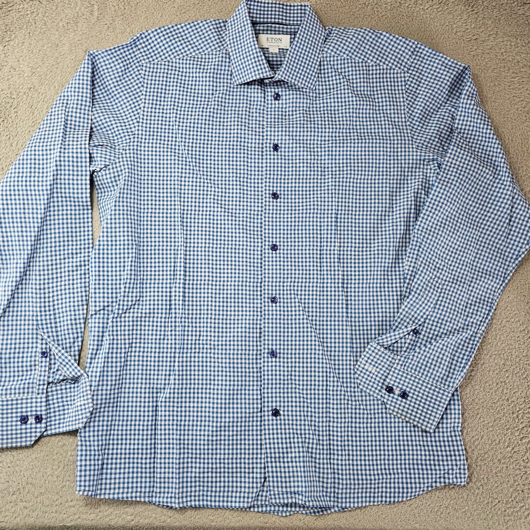 Eton Eton Dress Shirt Mens XL Blue Gingham Poplin Cotton Button Up - 17.5 Neck - 44 17.5 Contemporary Slimming Non-Iron Wrinkle Resistant Easy Care Size 46R - 2 Thumbnail