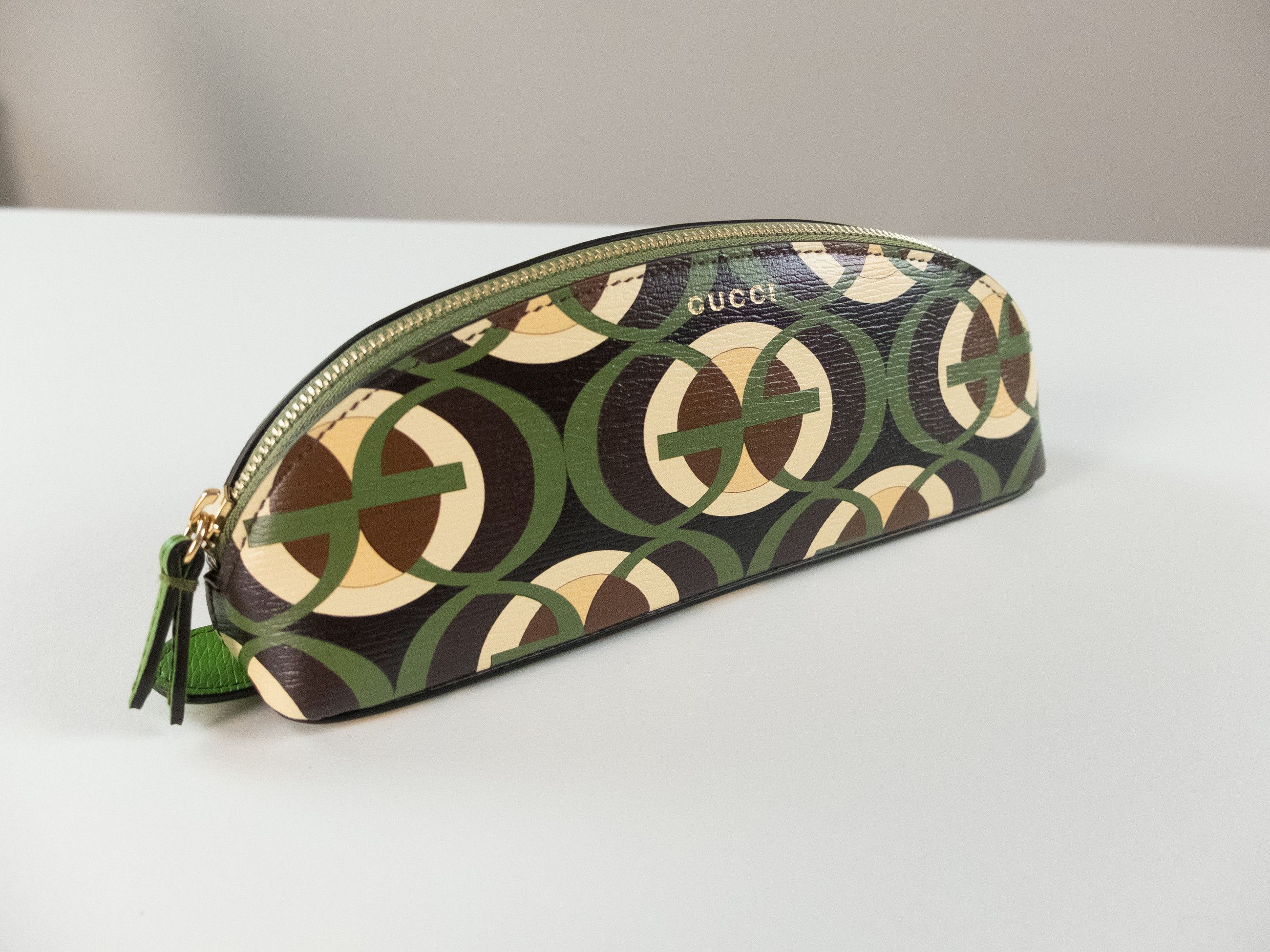 GUCCI Cascade green brown logo pencil case make up bag