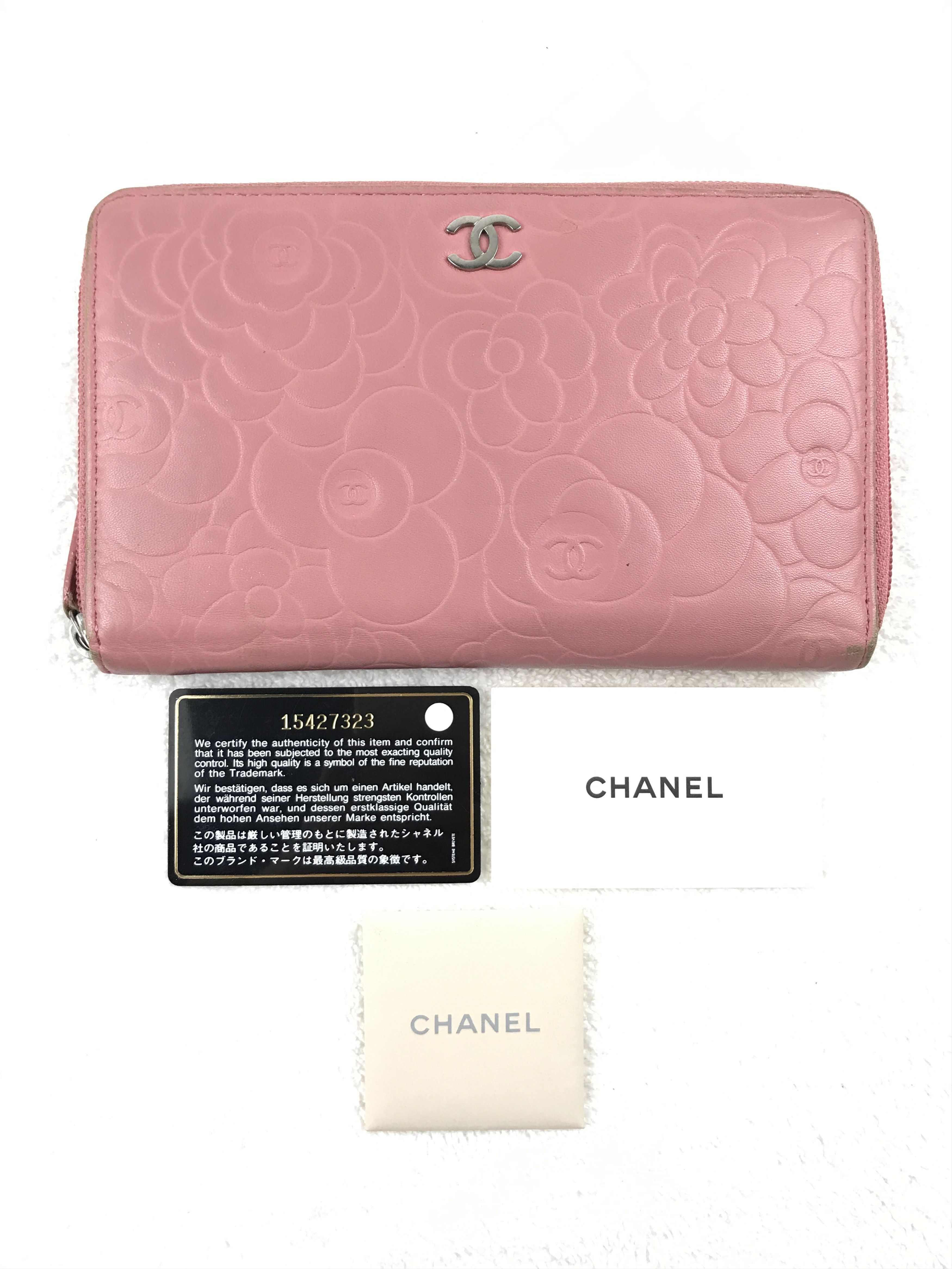 Chanel Pink Embossed Camellia Wallet Zip Around With Box
