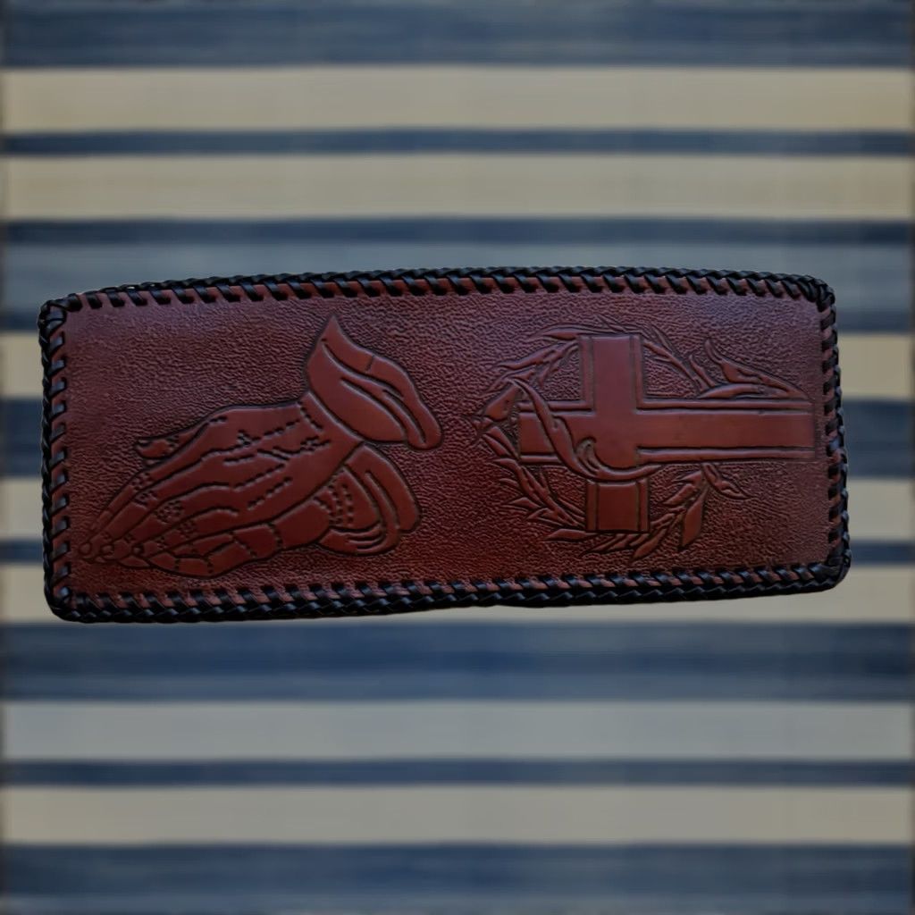 Vintage VINTAGE Leather Wallet Bi Fold Hand Tooled Whipstitch Prayer JESUS CHRIST Wallet Mens Brown Leather Fold Wallet Prayers 9x4 INCHes Handmade USA Size ONE SIZE - 1 Thumbnail