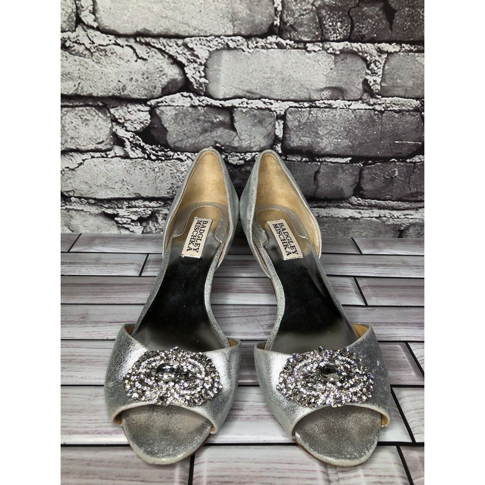 Badgley Mischka Badgley Mischka Metallic Silver Leather Rhinestone Heels Wom Size US 6.5 / IT 36.5 - 12 Thumbnail