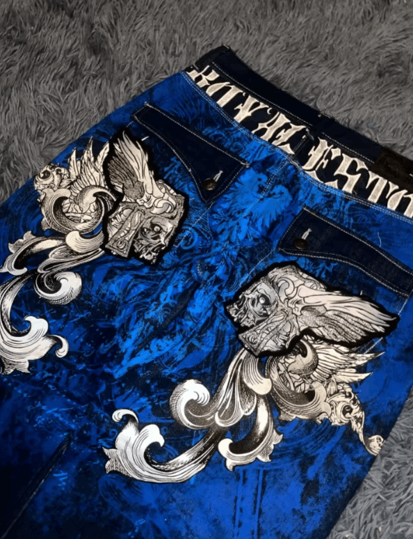 Japanese Brand Skull Gothic Blue Print High Quality Oversized Jeans Size US 36 / EU 52 - 6 Thumbnail