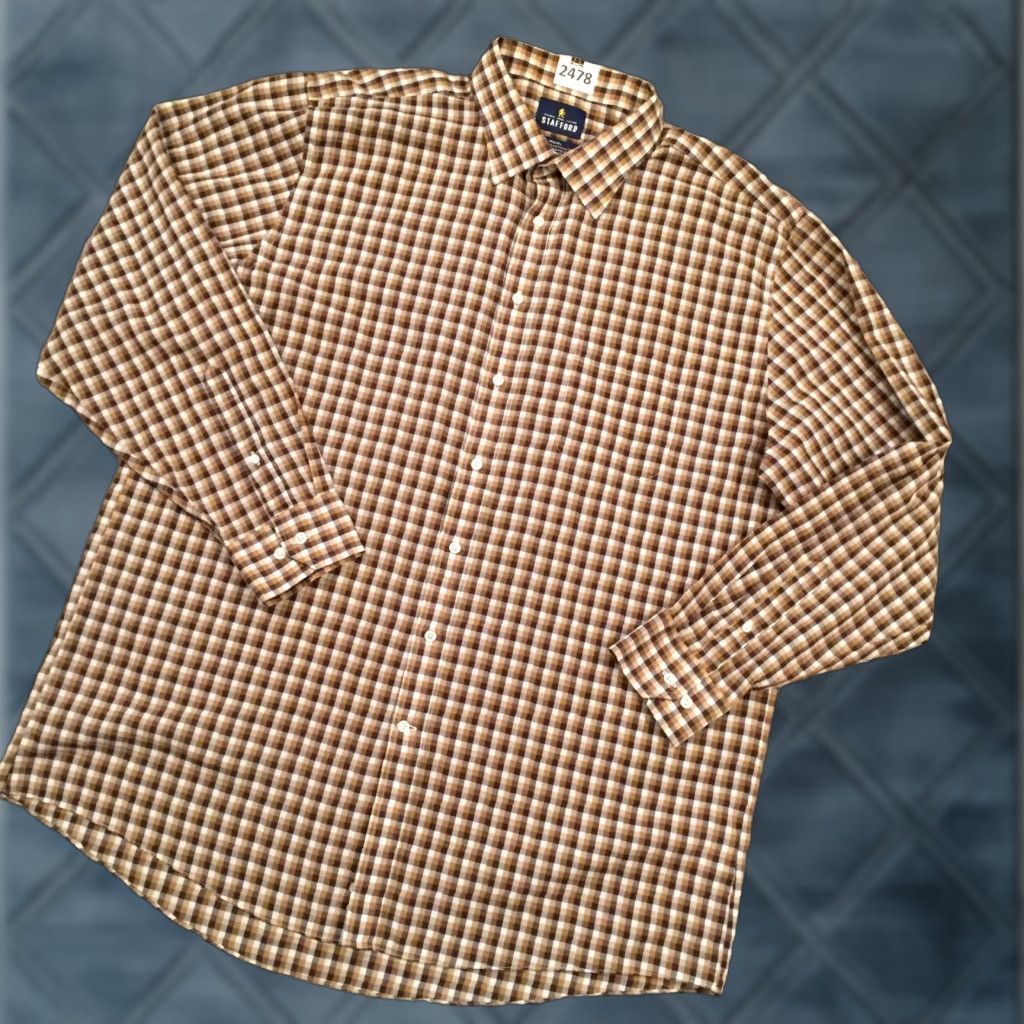 Stafford Stafford Shirt Mens 18 Brown Plaid Long Sleeve Button-Up Shirt Men Brown Plaid 18 Stafford Size US XXL / EU 58 / 5 - 1 Thumbnail