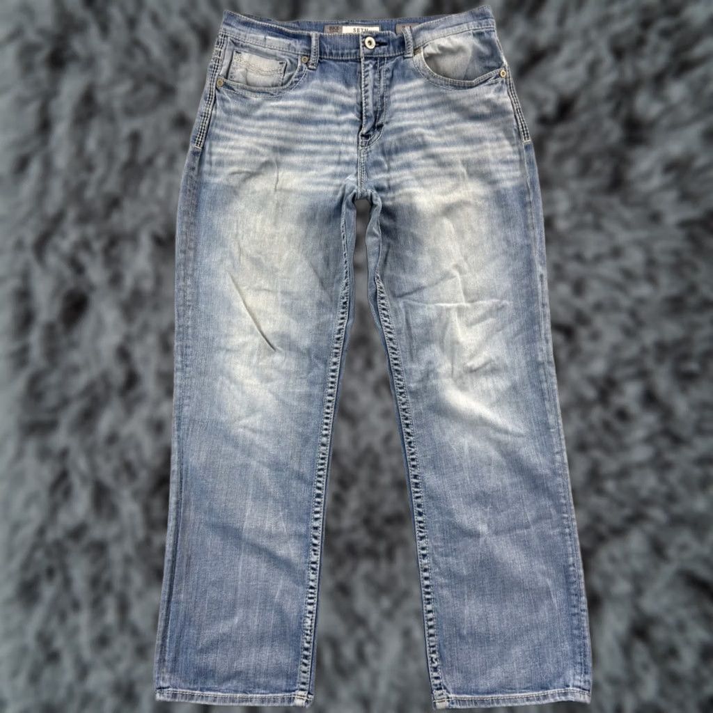 Vintage BKE Buckle Jeans Mens 34x33 Blue Denim Western Bootcut Zip Button 5-Pocket M 4 Seasons 90s Cowboy Rich Regular Fit Size US 34 / EU 50 - 1 Thumbnail