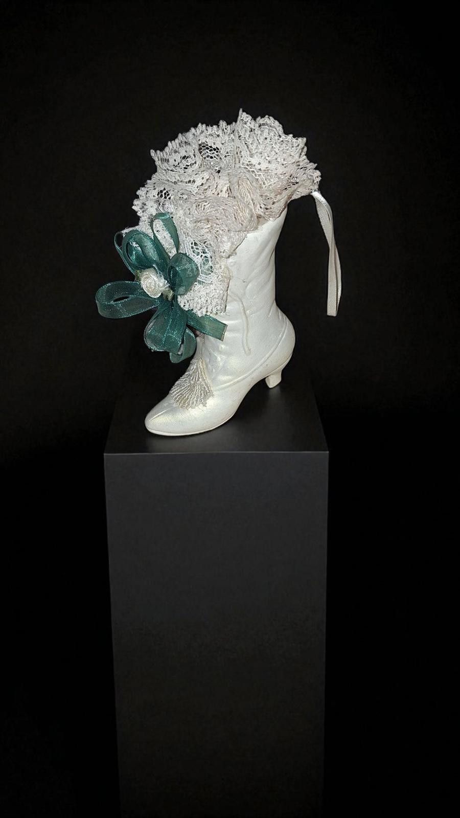 Designer Vtg Ornament White Victorian Boot with Lace Size ONE SIZE - 1 Thumbnail