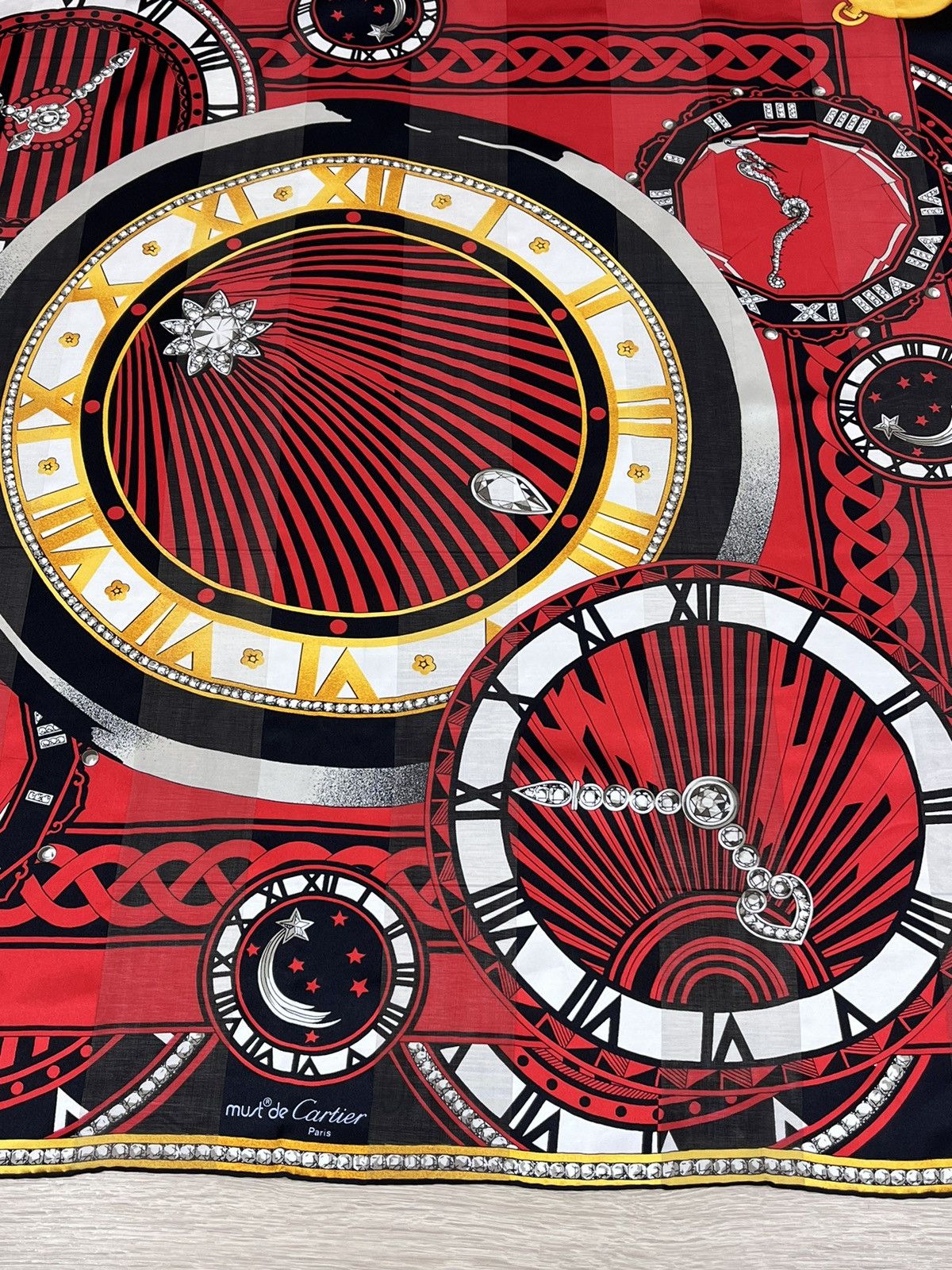 Cartier Cartier Made In France Red Silk Scarf 85x85 Cm Clock Print Size ONE SIZE - 4 Thumbnail