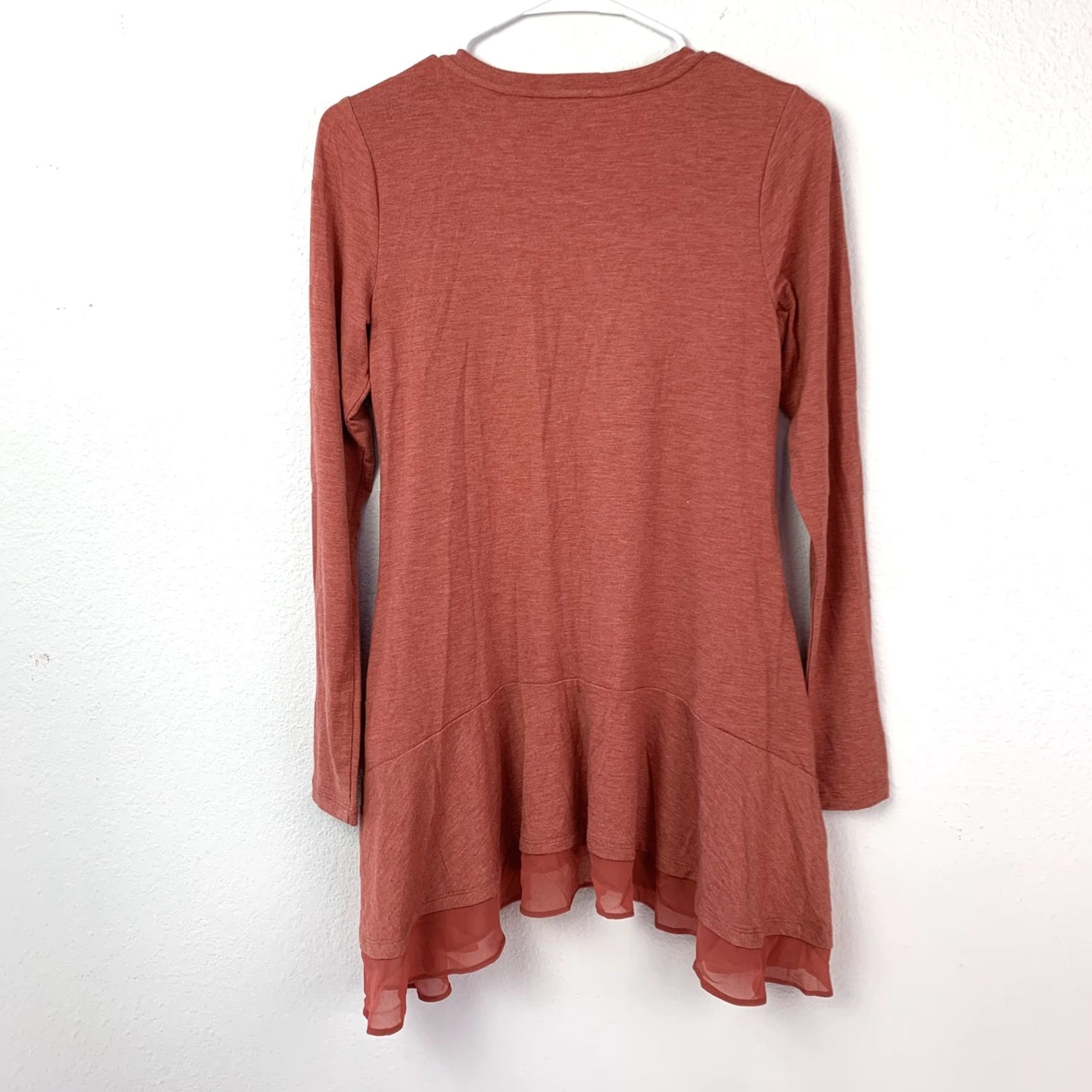 Vintage LOGO LOUNGE Tunic Shirt Womens XXS Rust Red Heathered Pockets Layered Chiffon Hem Casual Knit Crew Neck Long Sleeve Fall Winter Spring Size XXS / US 00 / IT 34 - 8 Thumbnail