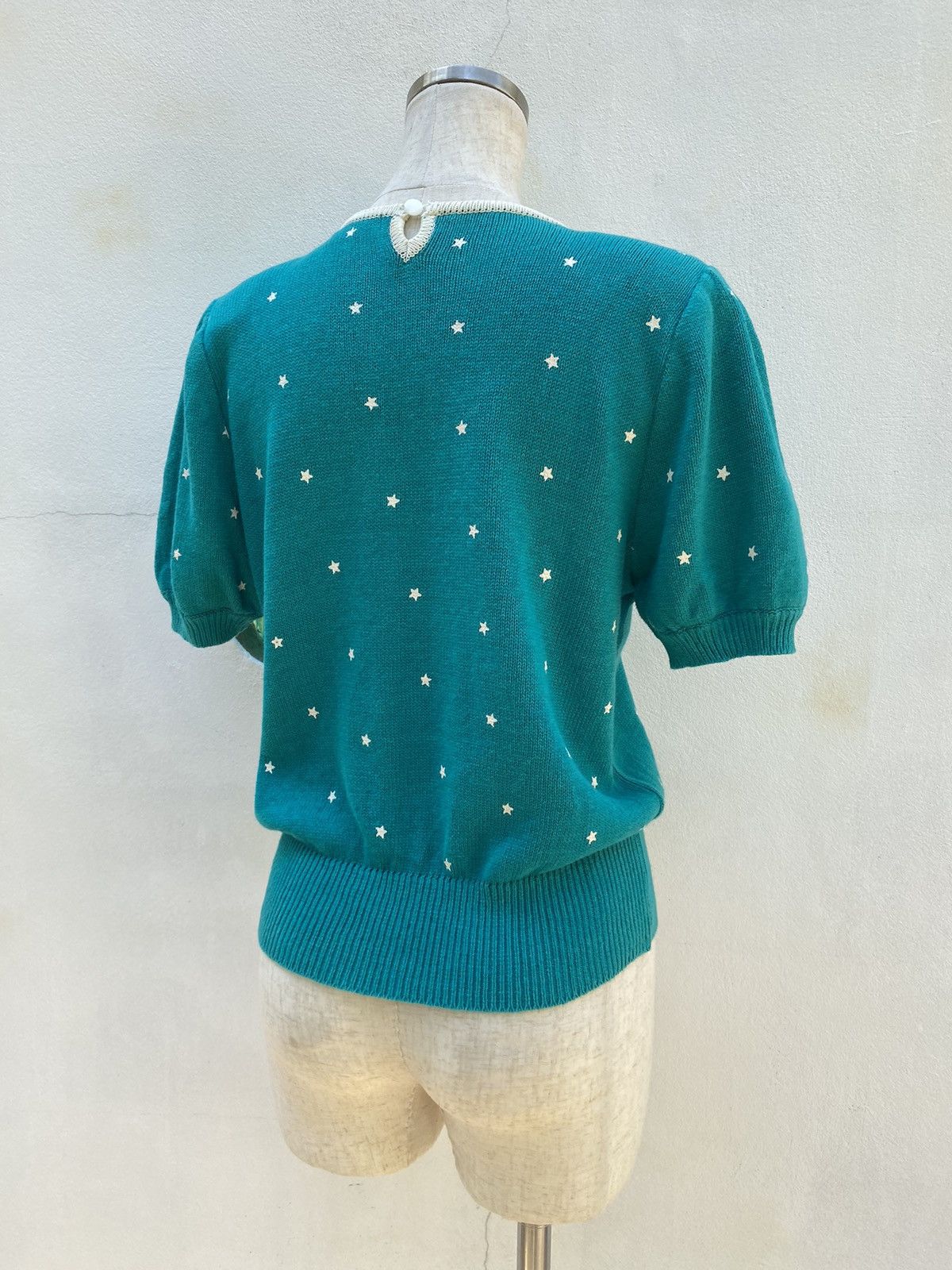 Vintage Paserio Teal Puff Sleeve Knit Top with Star Pattern Size S / US 4 / IT 40 - 15 Thumbnail