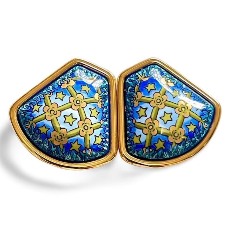 image of Hermes Vintage Cloisonne Enamel Golden Earrings With Star And Flower Design On Blue, Women's