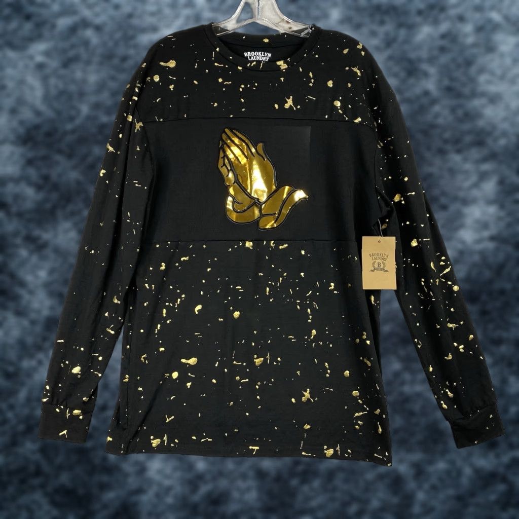 Praying BROOKLYN LAUNDRY Mens Shirt M Black Gold Praying Hands Pullover Long Sleeve Size US M / EU 48-50 / 2 - 1 Thumbnail