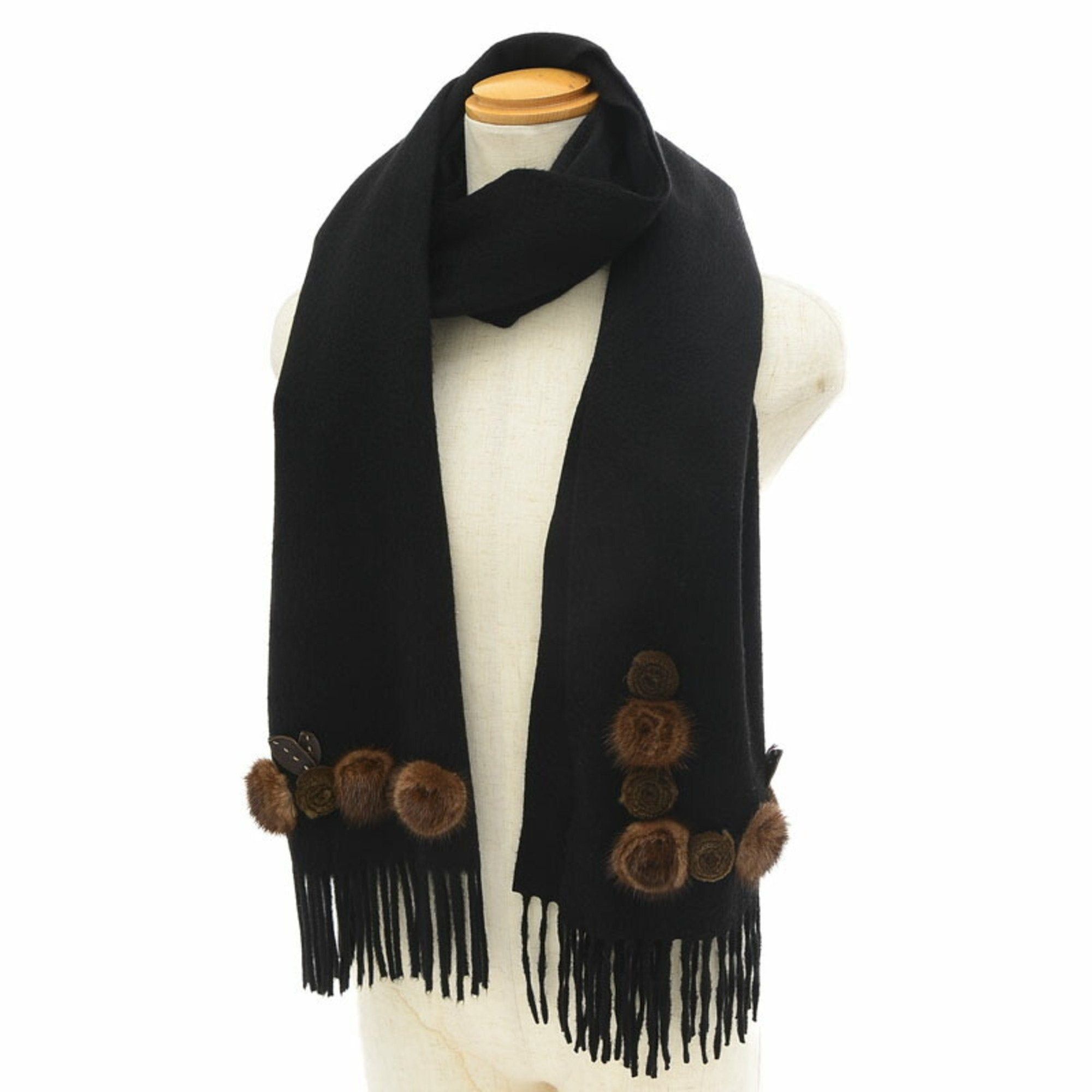 image of Fendi Stole Scarf Flower Motif Black 100% Cashmere, Women's