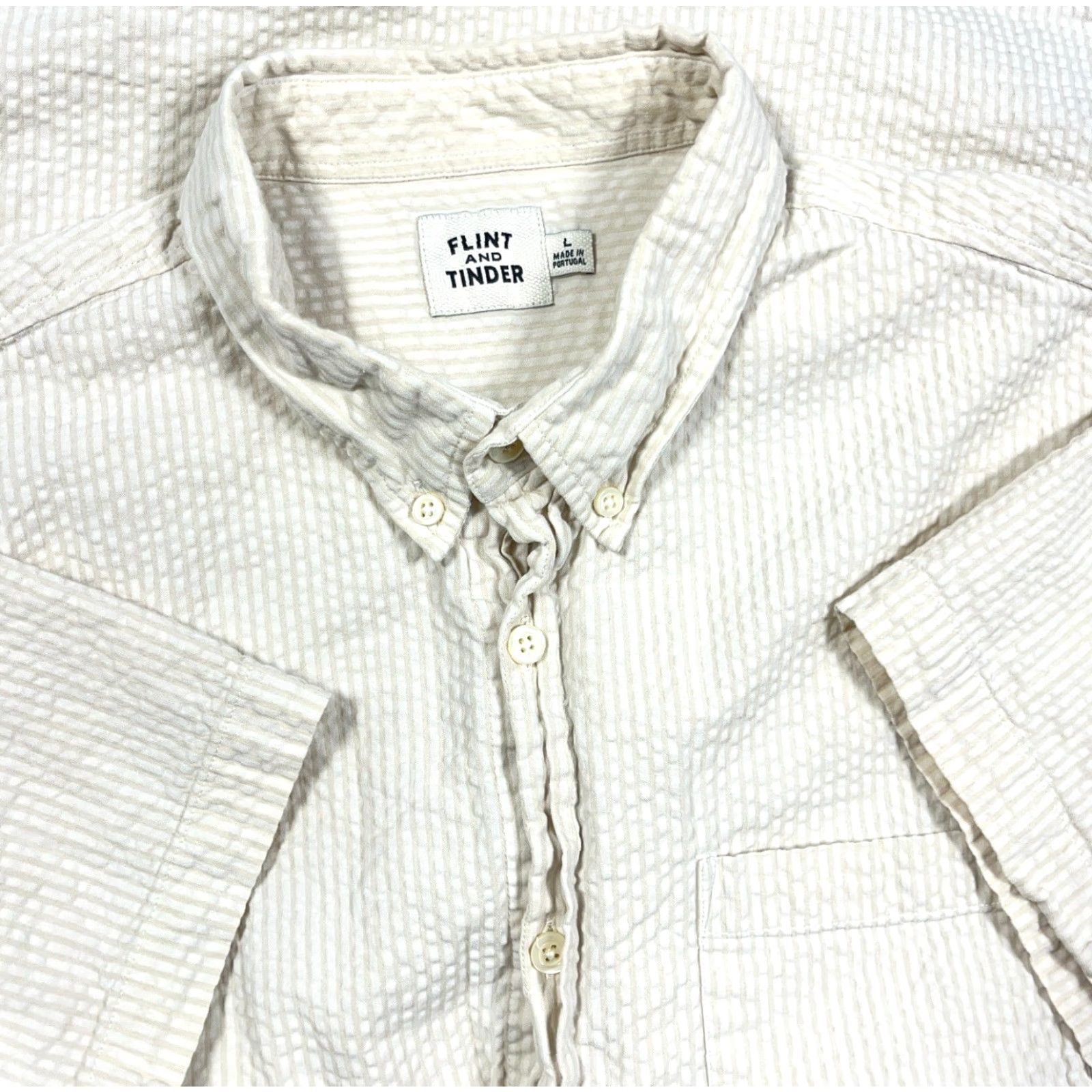 Flint And Tinder Flint And Tender Shirt Men L Beige Striped Button-Up Collared Cotton Seersucker Casual Workwear Knitwear Not Included? Size US L / EU 52-54 / 3 - 2 Thumbnail