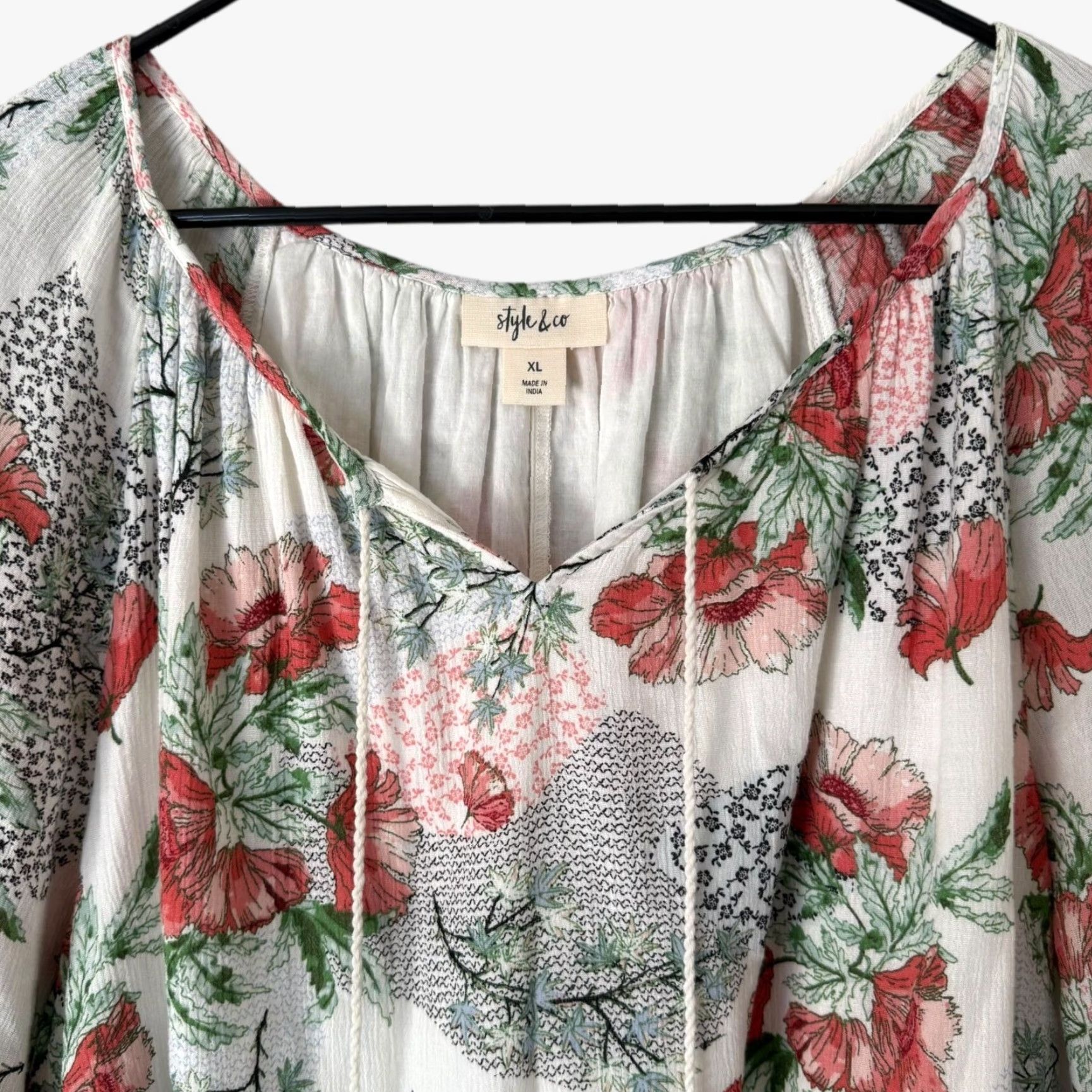 Style & Co VINTAGE Style & Co Floral Peasant Blouse White XL Bell Sleeve Tie-Neck Bohemian Womens Size XL / US 12-14 / IT 48-50 - 5 Thumbnail