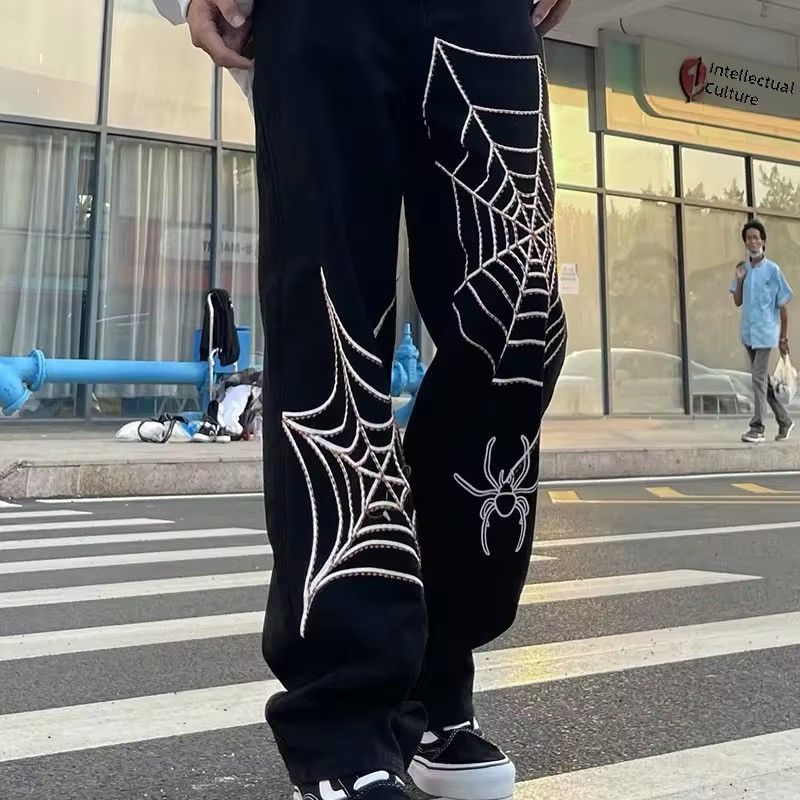Designer × Jean Spider Web Print Straight Loose Gothic Pants Size US 31 - 6 Thumbnail