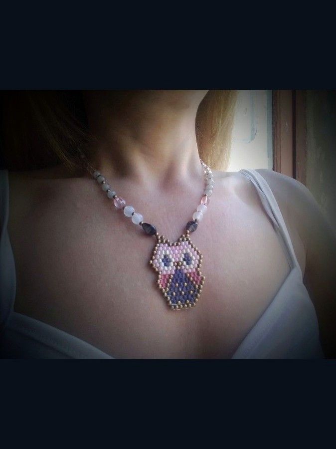 Handmade Necklace Tumbled Amethyst+,Resin Stones Owl Beaded Pendant Size ONE SIZE - 4 Thumbnail