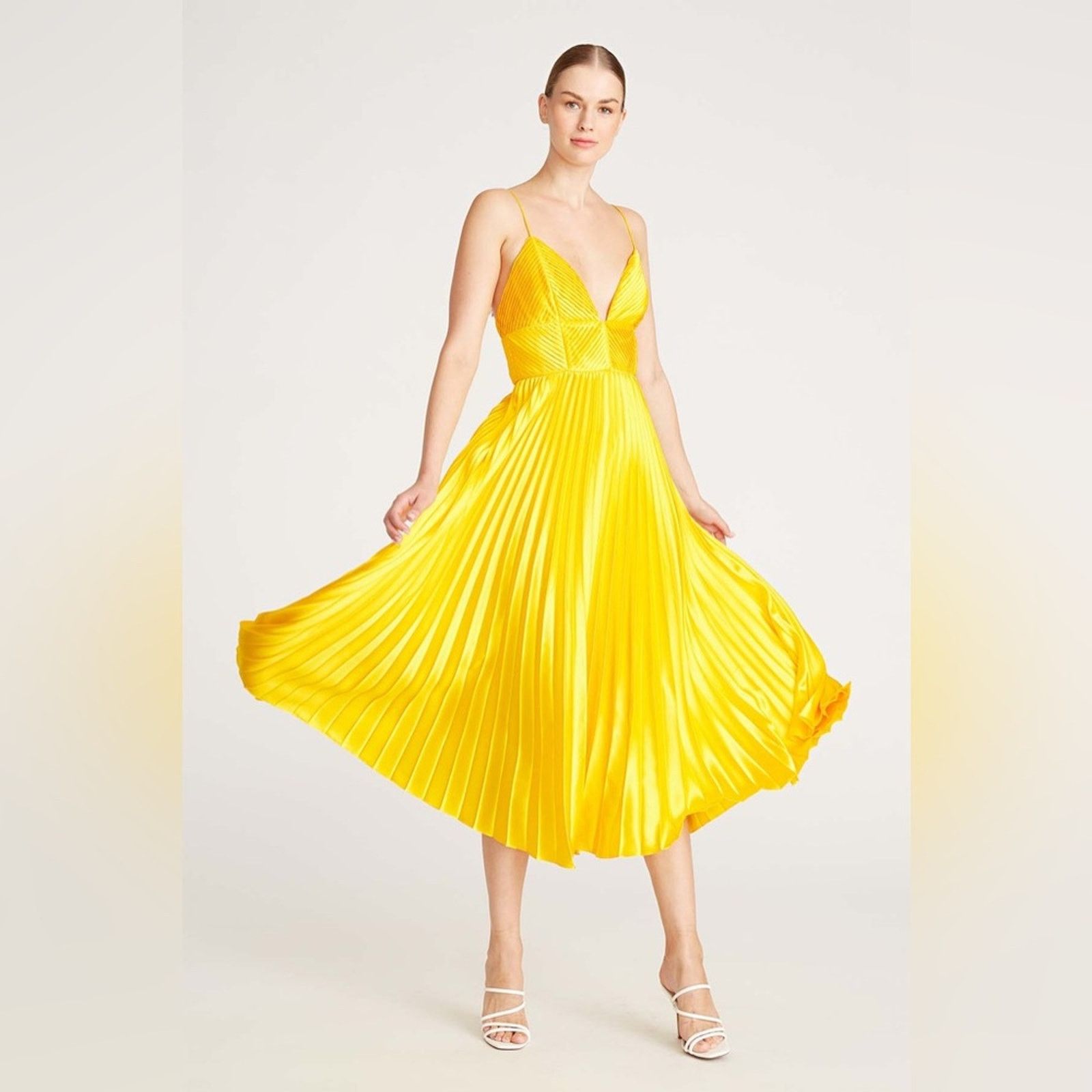 Amur Amur Viv Mitered Pleating Dress Yellow Midi Size M / US 6-8 / IT 42-44 - 13 Thumbnail