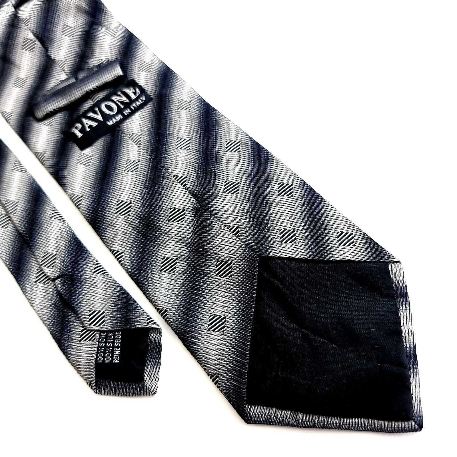 Designer Pavone Italy Gray Silver Woven Geometric Striped Wide Silk T Size ONE SIZE - 5 Thumbnail